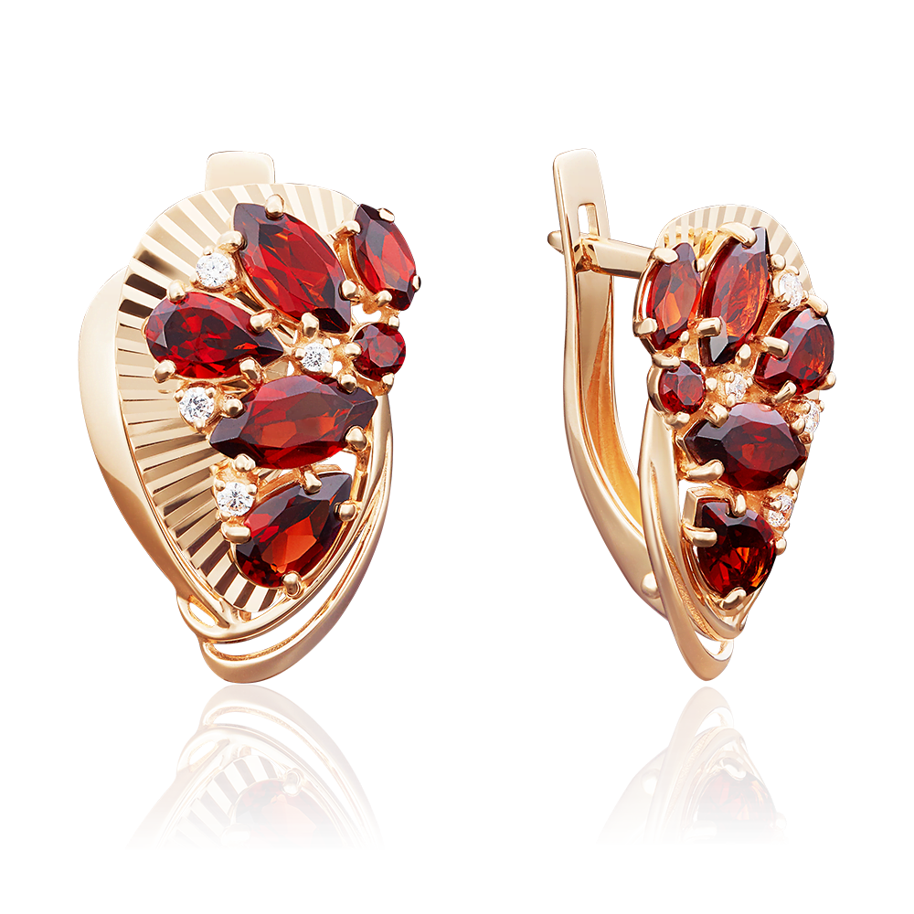 Серьги с английским замком из красного золота с гранатами и фианитами 02-3936-00-210-1110-46
