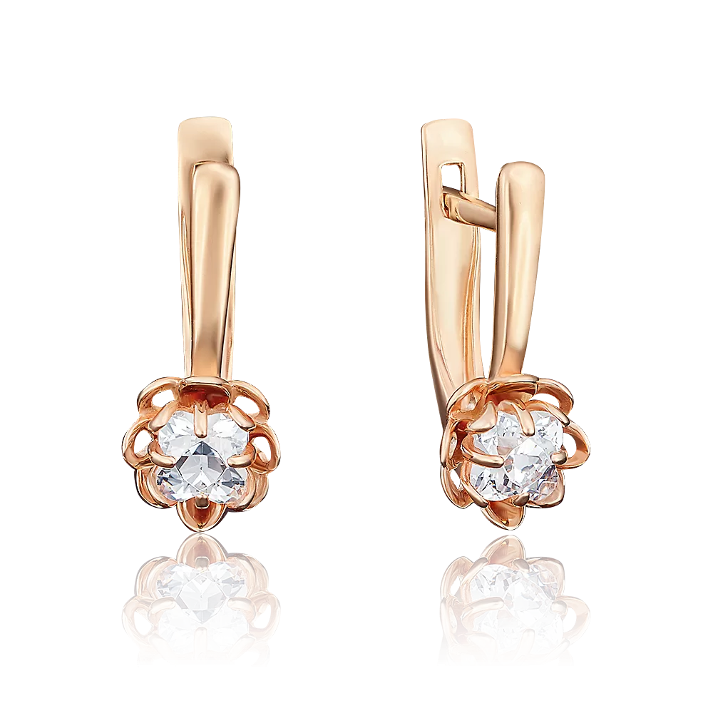 Серьги «Хризантемы» с английским замком из красного золота с фианитом 02-3729-00-501-1110-38