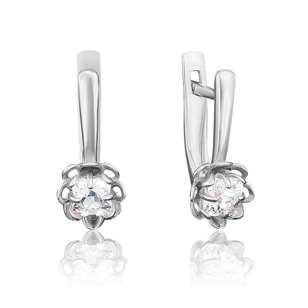 Серьги «Хризантемы» с английским замком из белого золота с фианитом 02-3729-00-501-1120-38