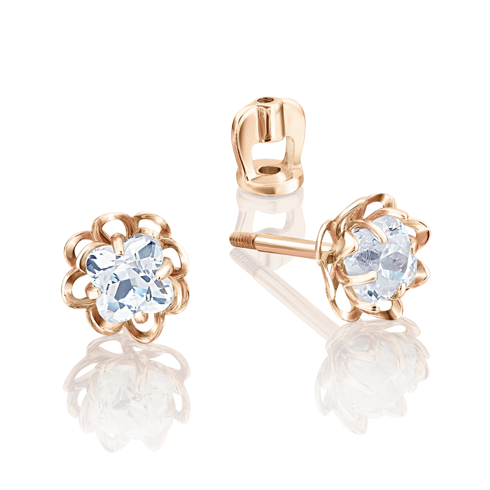 Серьги-пусеты «Хризантемы» из красного золота с фианитом 02-3730-00-501-1110-38