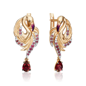 Серьги «Розовый фламинго» с английским замком из красного золота с гранатми и эмалью 02-5500-00-204-1110