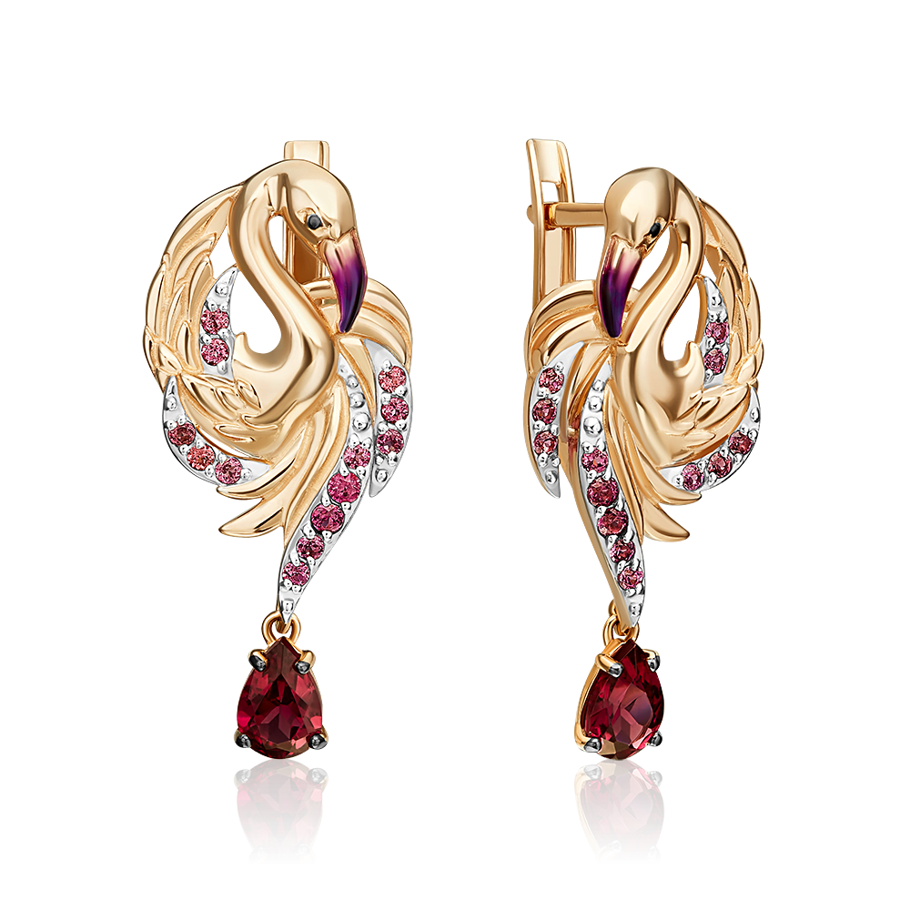 Серьги «Розовый фламинго» с английским замком из красного золота с гранатми и эмалью 02-5500-00-204-1110