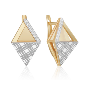 Серьги с принтом «Клетка» из комбинированного золота с фианитами 02-5187-00-401-1121