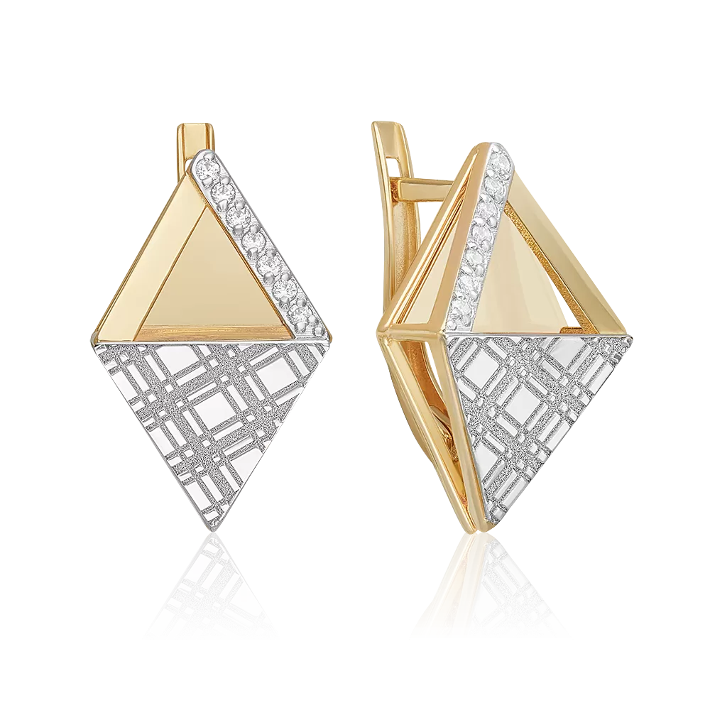 Серьги с принтом «Клетка» из комбинированного золота с фианитами 02-5187-00-401-1121