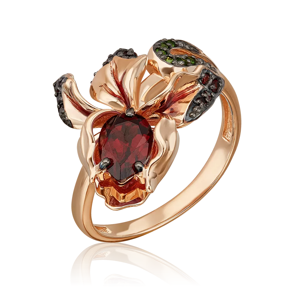 Кольцо «Ирис» из красного золота с гранатами, хромдиопсидами и эмалью 01-5427-00-706-1110-57