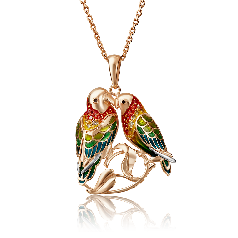 Подвеска «Попугаи Неразлучники» из красного золота с фианитами и эмалью 03-2872-00-404-1110-48