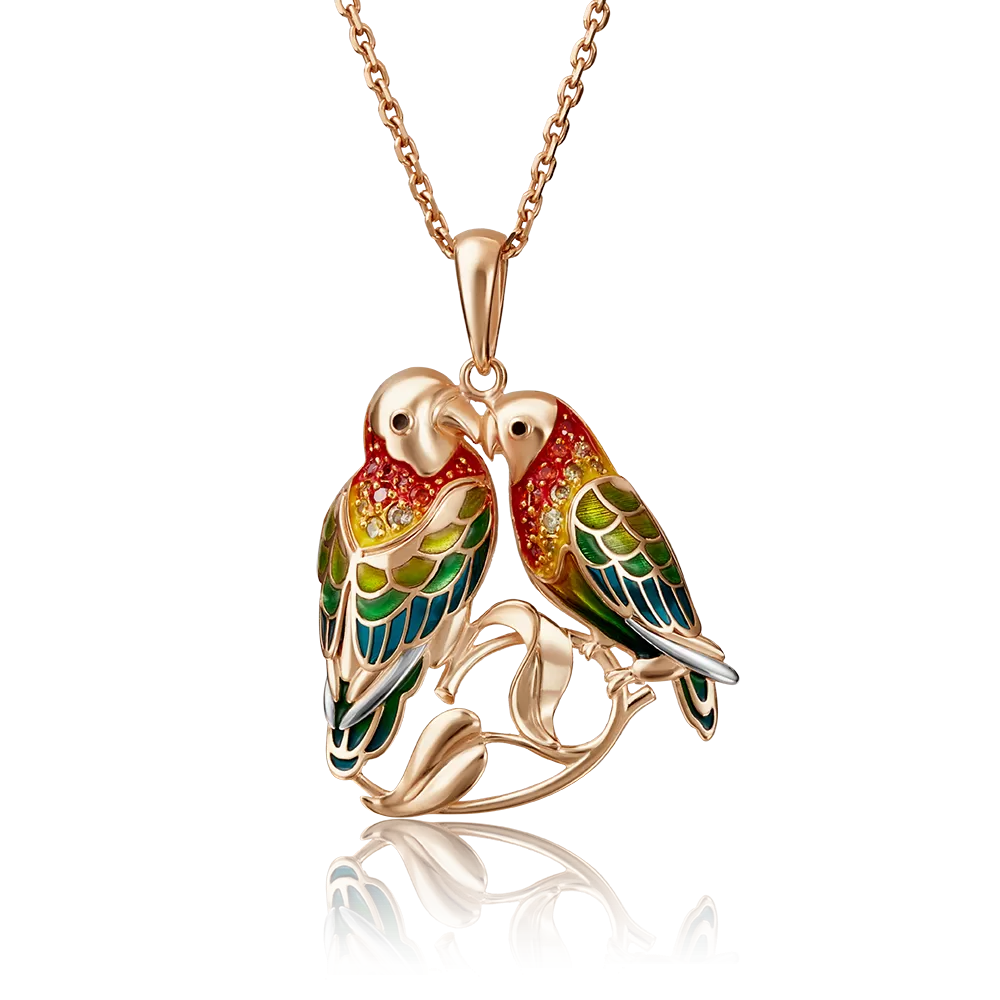 Подвеска «Попугаи Неразлучники» из красного золота с фианитами и эмалью 03-2872-00-404-1110-48