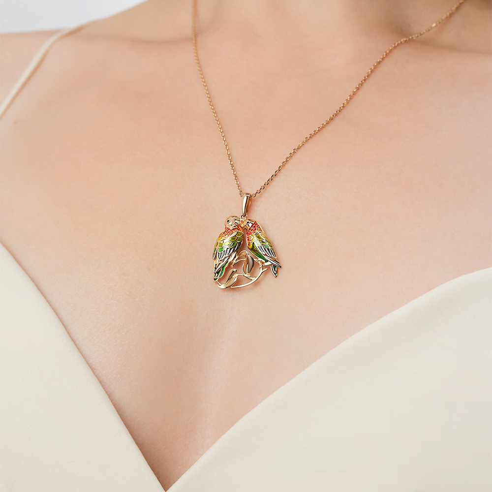 Подвеска «Попугаи Неразлучники» из красного золота с фианитами и эмалью 03-2872-00-404-1110-48