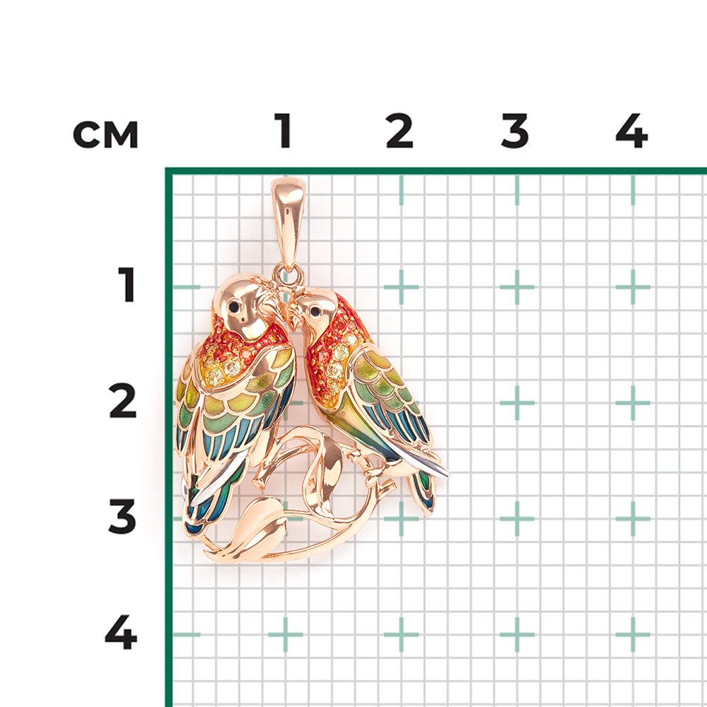 Подвеска «Попугаи Неразлучники» из красного золота с фианитами и эмалью 03-2872-00-404-1110-48