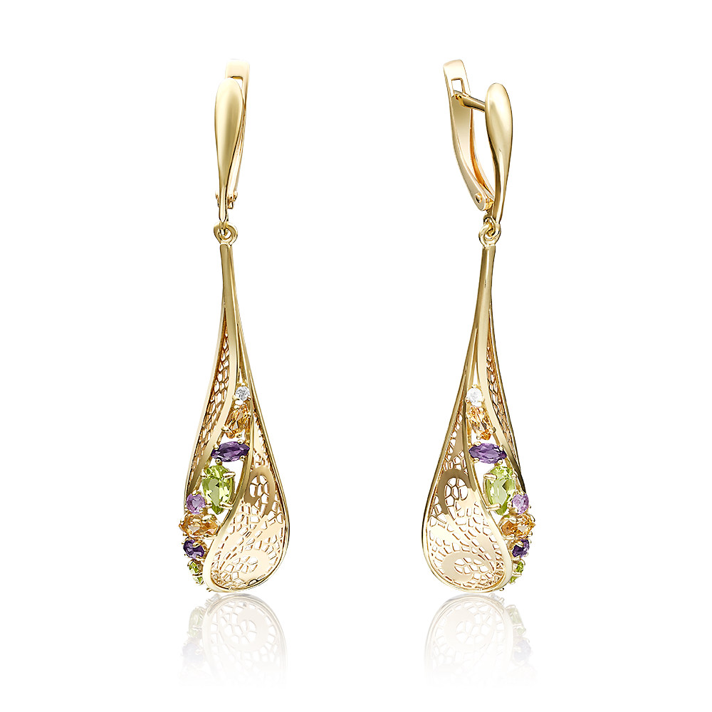 Серьги с английским замком из лимонного золота с миксом камней 02-3678-00-251-1130-46