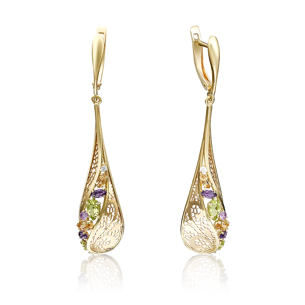 Серьги с английским замком из лимонного золота с миксом камней 02-3678-00-251-1130-46