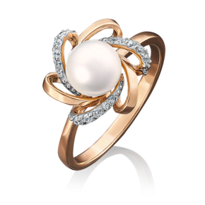 Кольцо из красного золота с жемчугом культивированным и фианитами 01-4470-00-302-1110-03