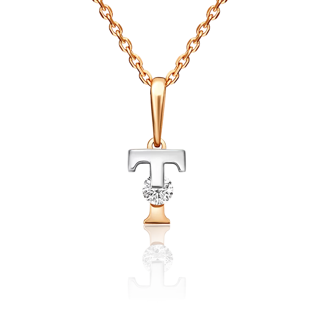 Подвеска «Буква Т» из комбинированного золота с фианитом 03-3119-Т-401-1111