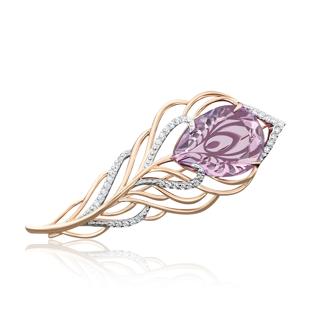 Брошь «Перо Жар-птицы» из красного золота с аметистом и фианитами 04-0146-00-209-1110-46