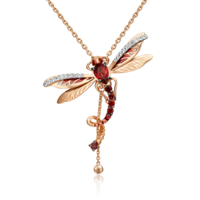 Подвеска «Стрекоза» из красного золота с гранатами, натуральными топазами white и эмалью 03-3071-00-264-1110-57