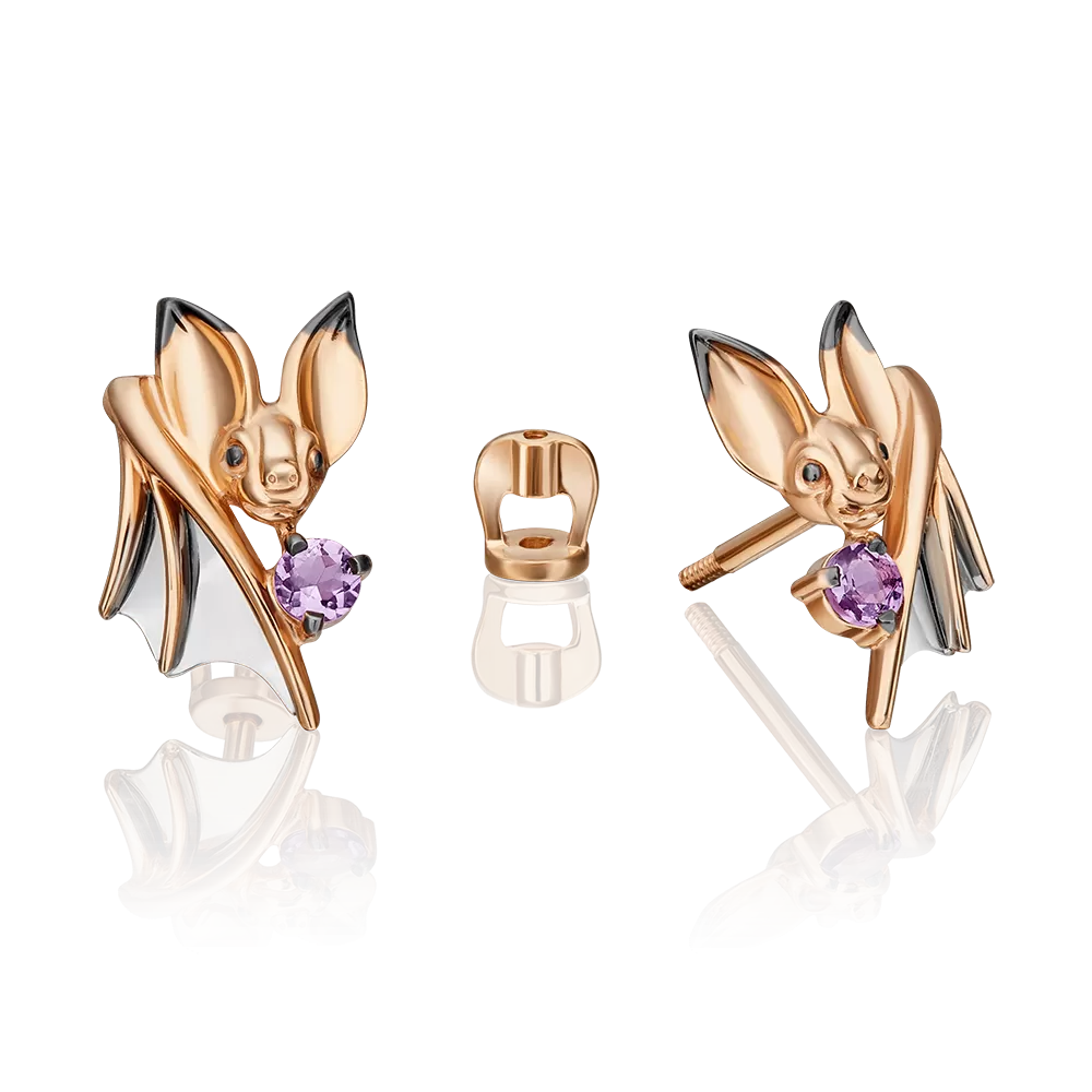 Серьги-пусеты «Ночная магия» из комбинированного золота с аметистом 02-4895-00-203-1111