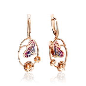 Серьги «Бабочки» с английским замком из красного золота с эмалью 02-3902-00-000-1110-59