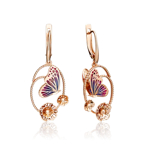Серьги «Бабочки» с английским замком из красного золота с эмалью 02-3902-00-000-1110-59