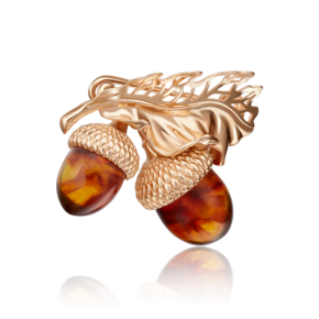 Брошь «Желуди» из красного золота с янтарём 04-0166-01-271-1110-46