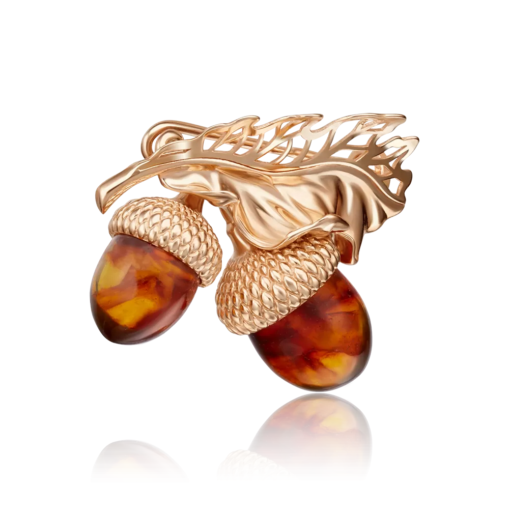 Брошь «Желуди» из красного золота с янтарём 04-0166-01-271-1110-46