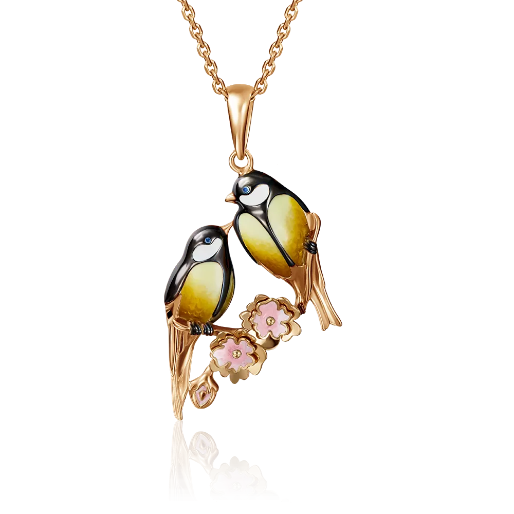 Подвеска «Синички» из красного золота с эмалью 03-2873-00-000-1110-48