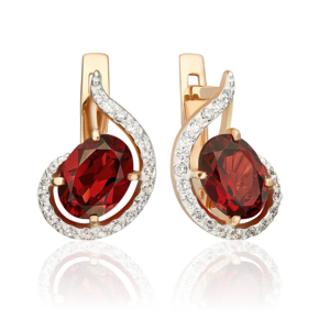 Серьги с английским замком из красного золота с гранатом и фианитами 02-3007-00-210-1110-46