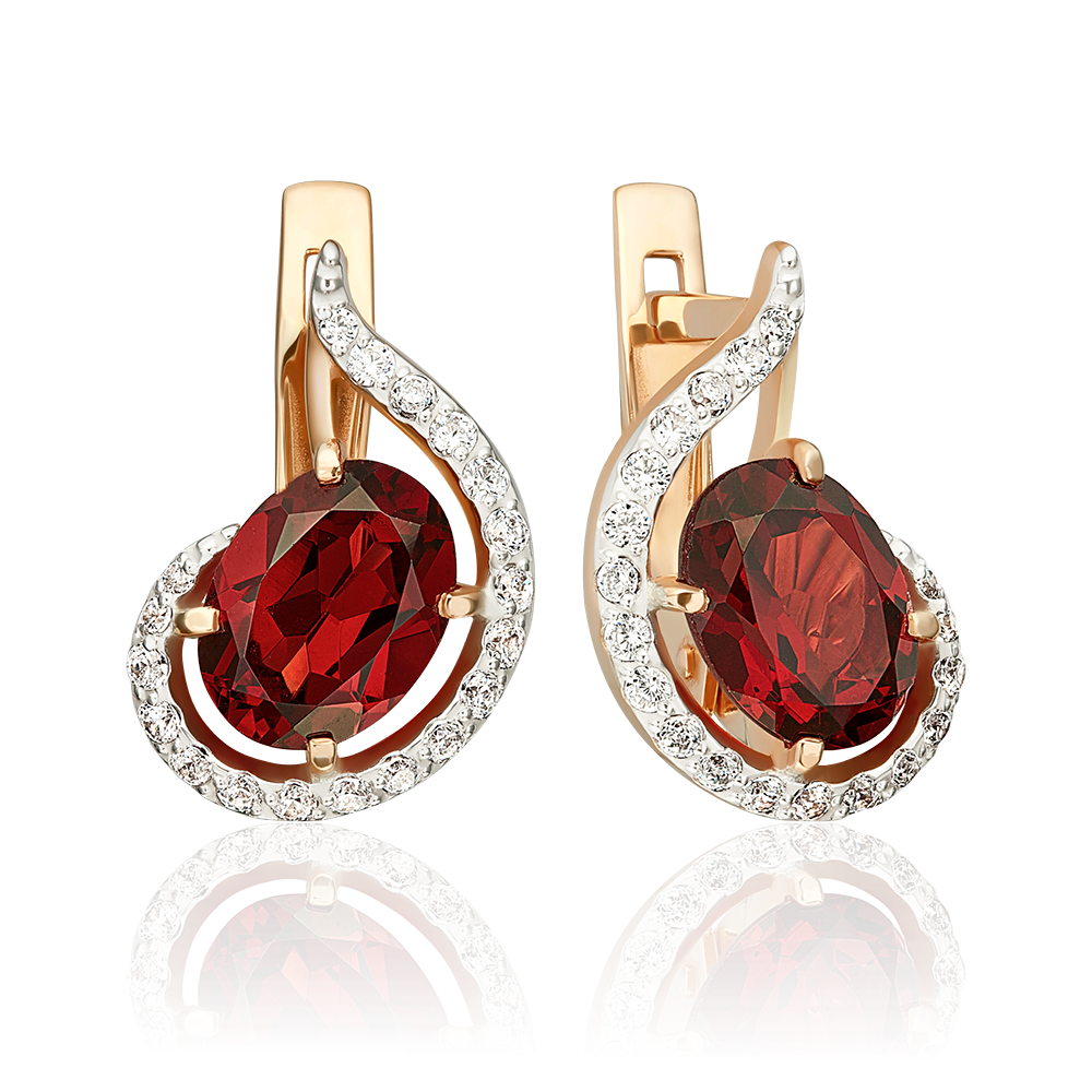 Серьги с английским замком из красного золота с гранатом и фианитами 02-3007-00-210-1110-46