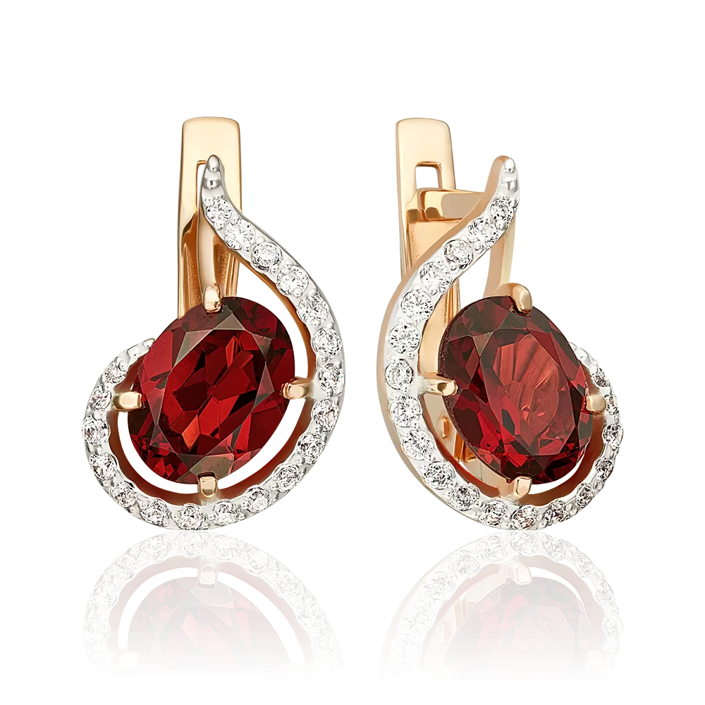 Серьги с английским замком из красного золота с гранатом и фианитами 02-3007-00-210-1110-46