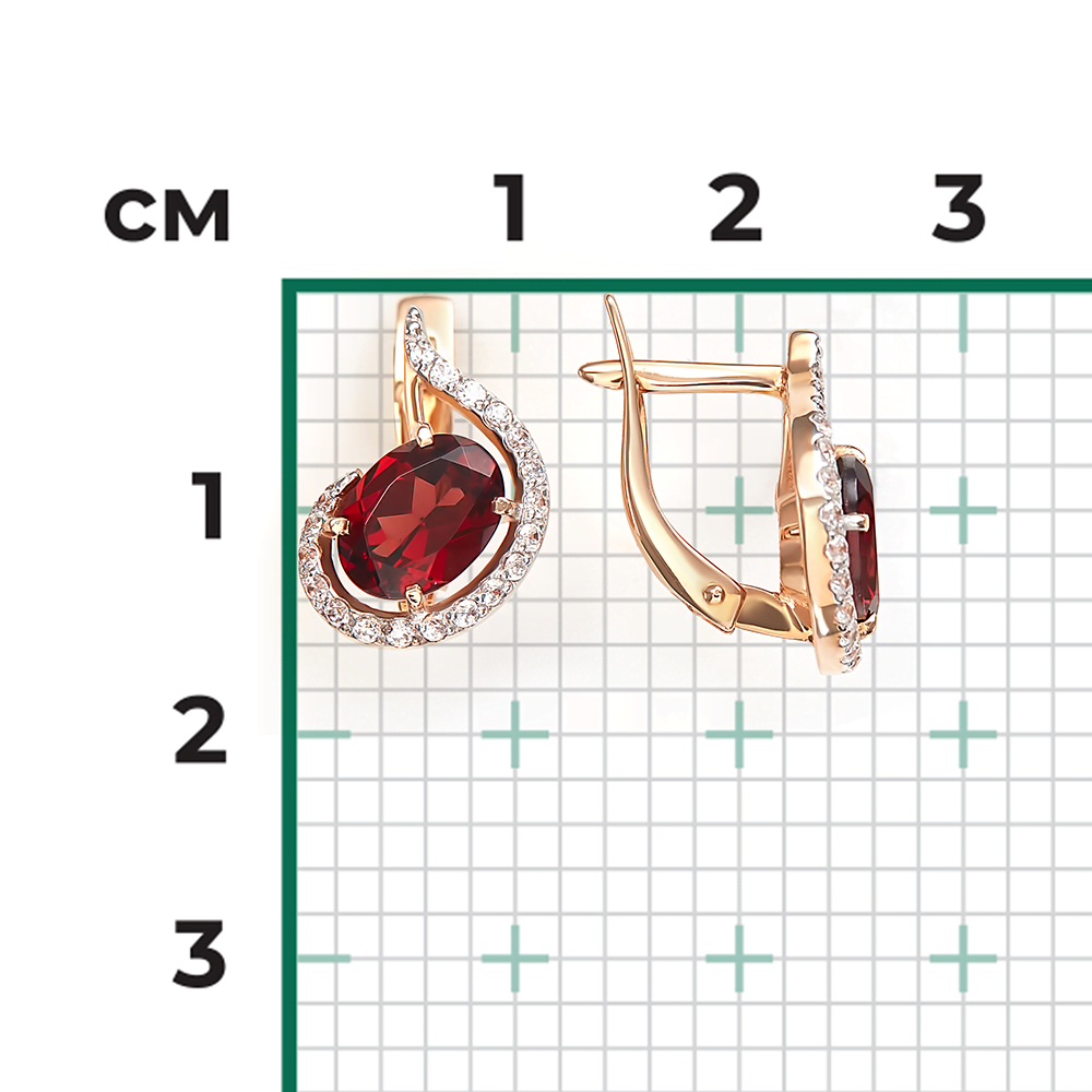 Серьги с английским замком из красного золота с гранатом и фианитами 02-3007-00-210-1110-46