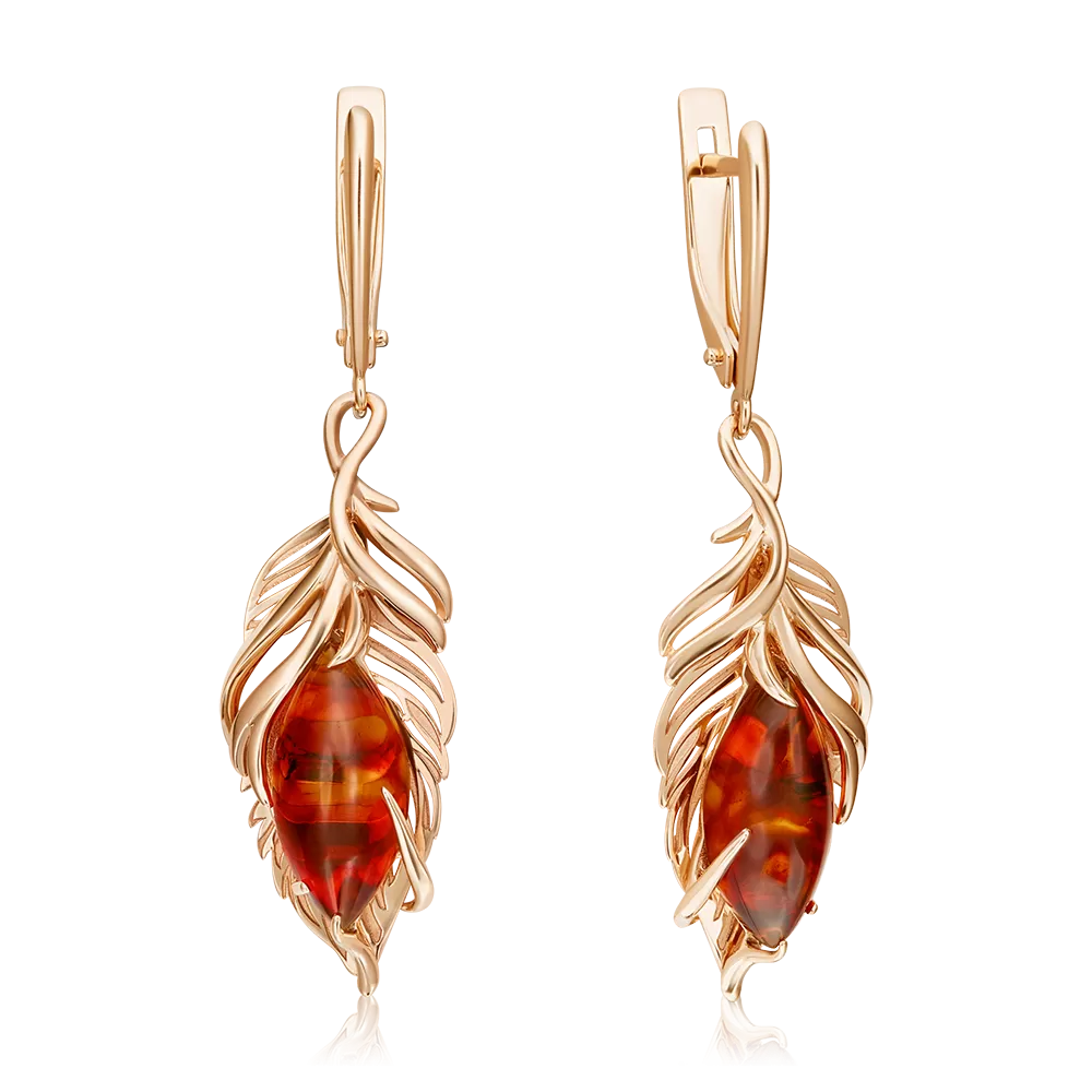 Серьги «Перья» с английским замком из красного золота с янтарём 02-4400-00-271-1110-46