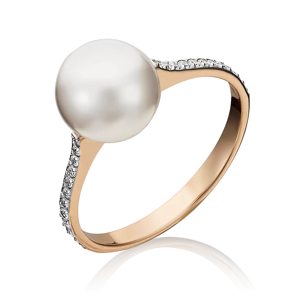 Кольцо из красного золота с жемчугом культивированным и фианитами 01-5336-00-302-1110-31