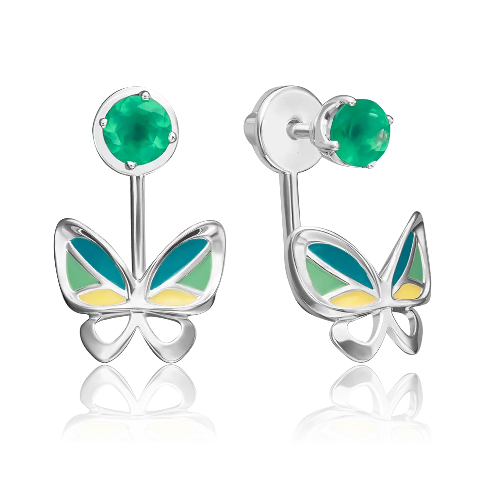 Серьги-джекеты «Бабочки» из серебра с халцедоном и эмалью 02-4668-00-274-0200-68