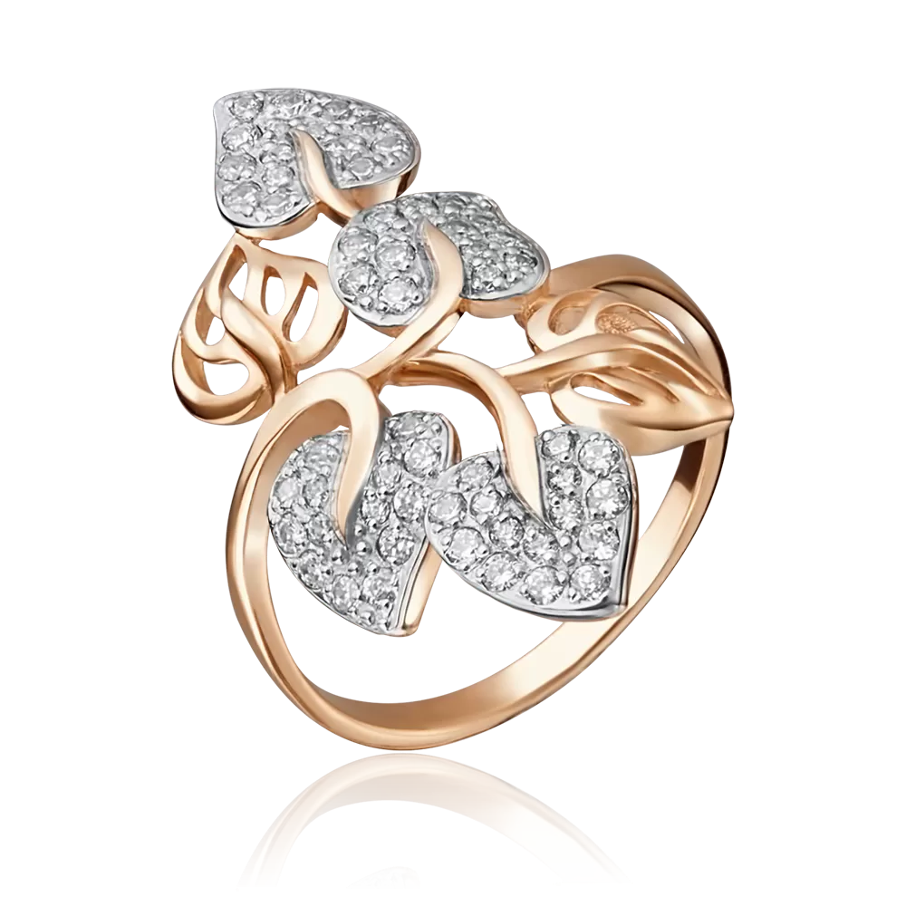 Кольцо «Листья» из красного золота с фианитами 01-3653-00-401-1110-24