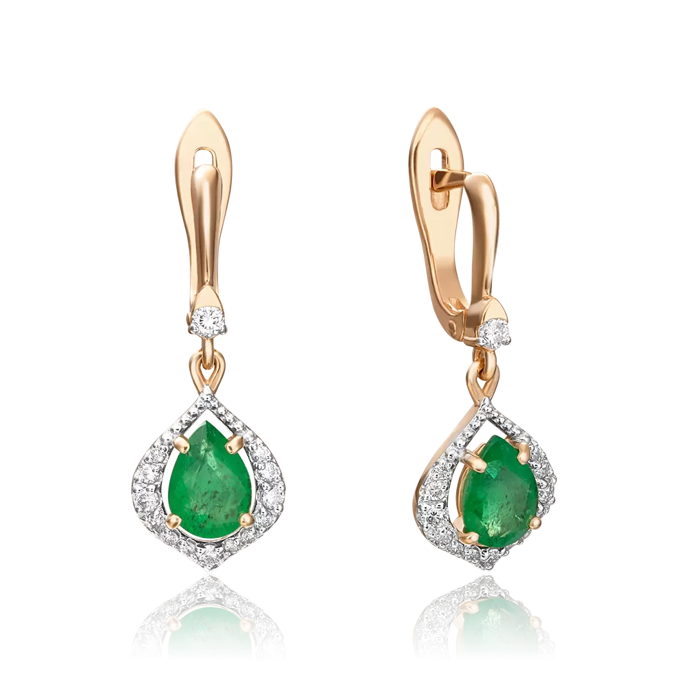 Серьги с английским замком из красного золота с изумрудом и бриллиантами 02-0902-00-106-1110-30