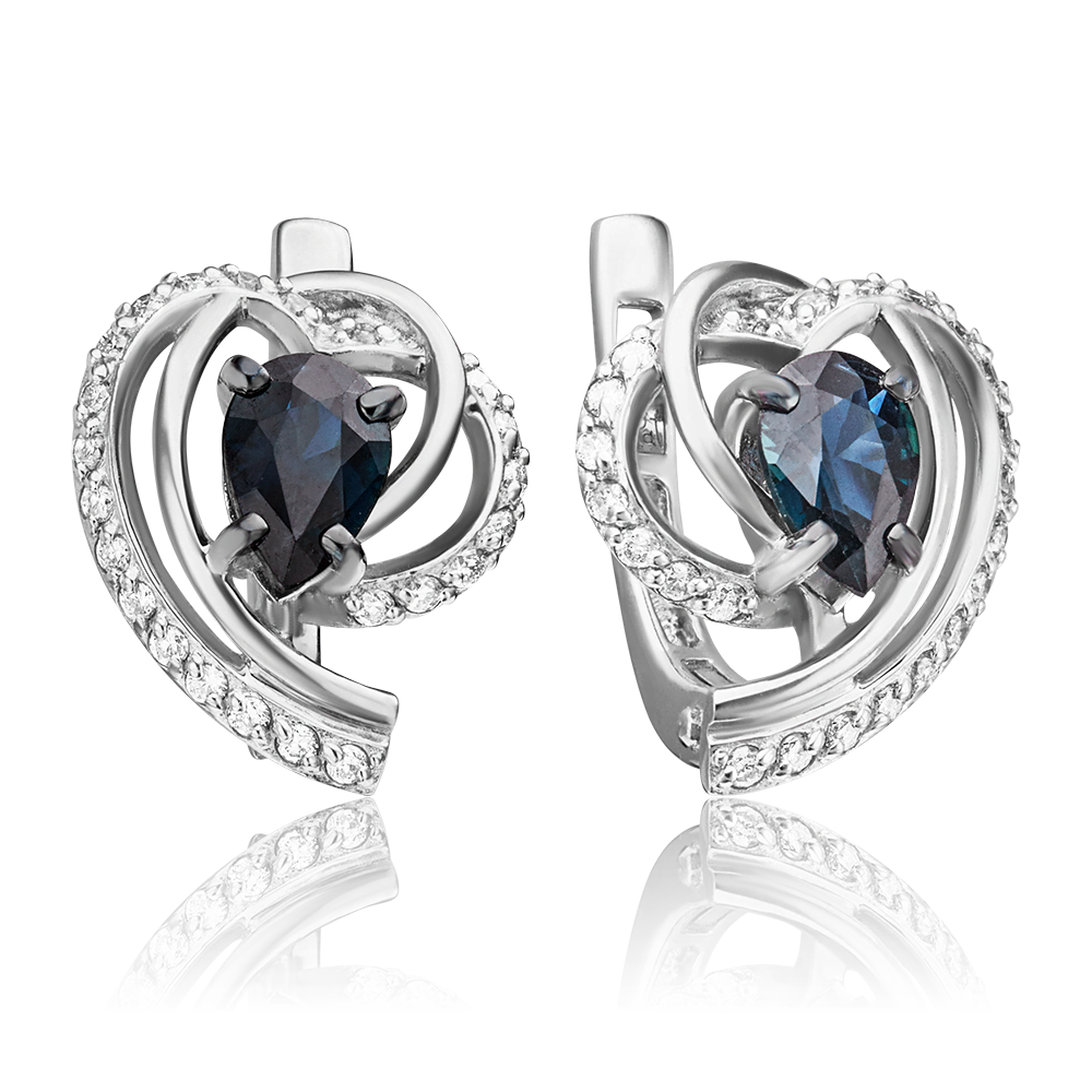 Серьги с английским замком из белого золота с сапфиром и бриллиантами 02-0903-00-105-1120-30