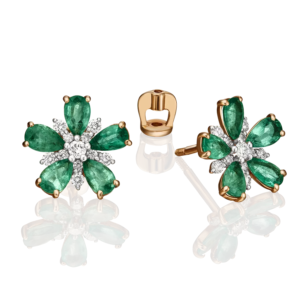 Серьги-пусеты из красного золота с изумрудами и бриллиантами 02-0905-00-106-1110-30