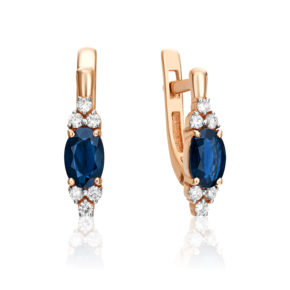 Серьги с английским замком из красного золота с сапфиром и бриллиантами