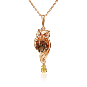 Подвеска «Сова» из красного золота с кварцем дымчатым, цитринами и эмалью 03-2822-00-226-1110