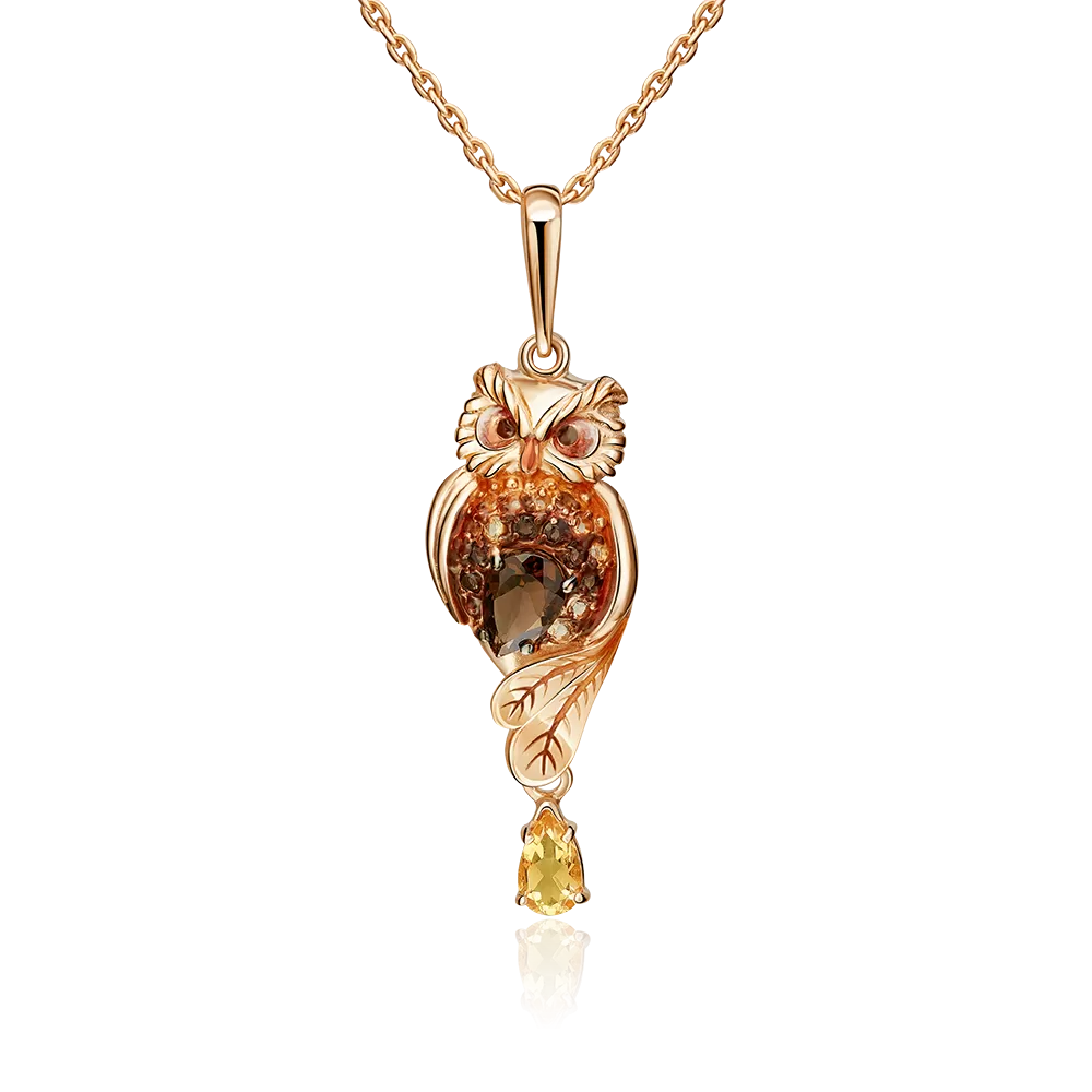 Подвеска «Сова» из красного золота с кварцем дымчатым, цитринами и эмалью 03-2822-00-226-1110