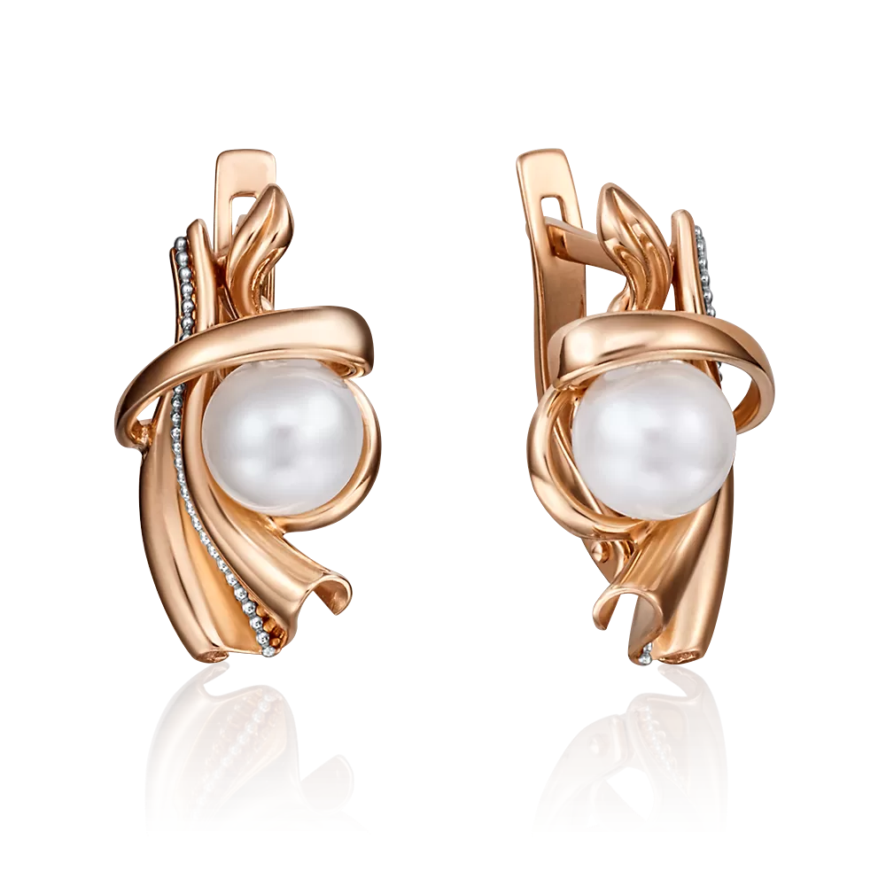 Серьги с английским замком из красного золота с жемчугом культивированным 02-4233-00-301-1110-31