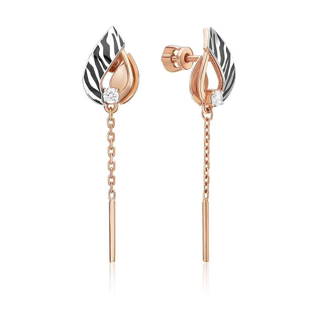 Серьги с принтом «Зебра» из комбинированного золота с фианитом и эмалью 02-5195-00-401-1111