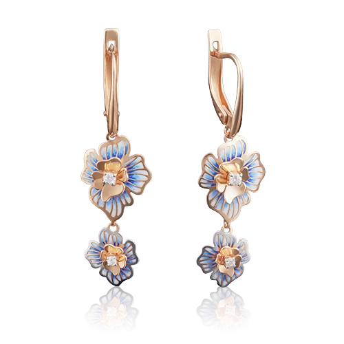 Серьги «Незабудки» с английским замком из красного золота с фианитами и эмалью 02-3862-00-401-1110-48