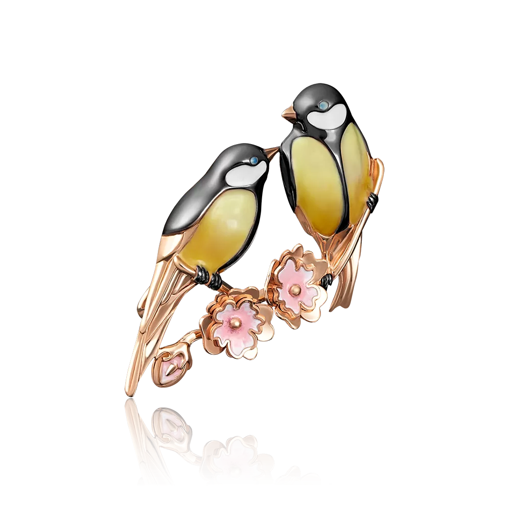 Брошь «Синички» из красного золота с эмалью 04-0156-00-000-1110-48