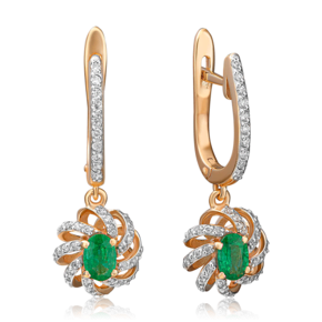 Серьги с английским замком из красного золота с изумрудом и бриллиантами 02-0757-00-106-1110-30