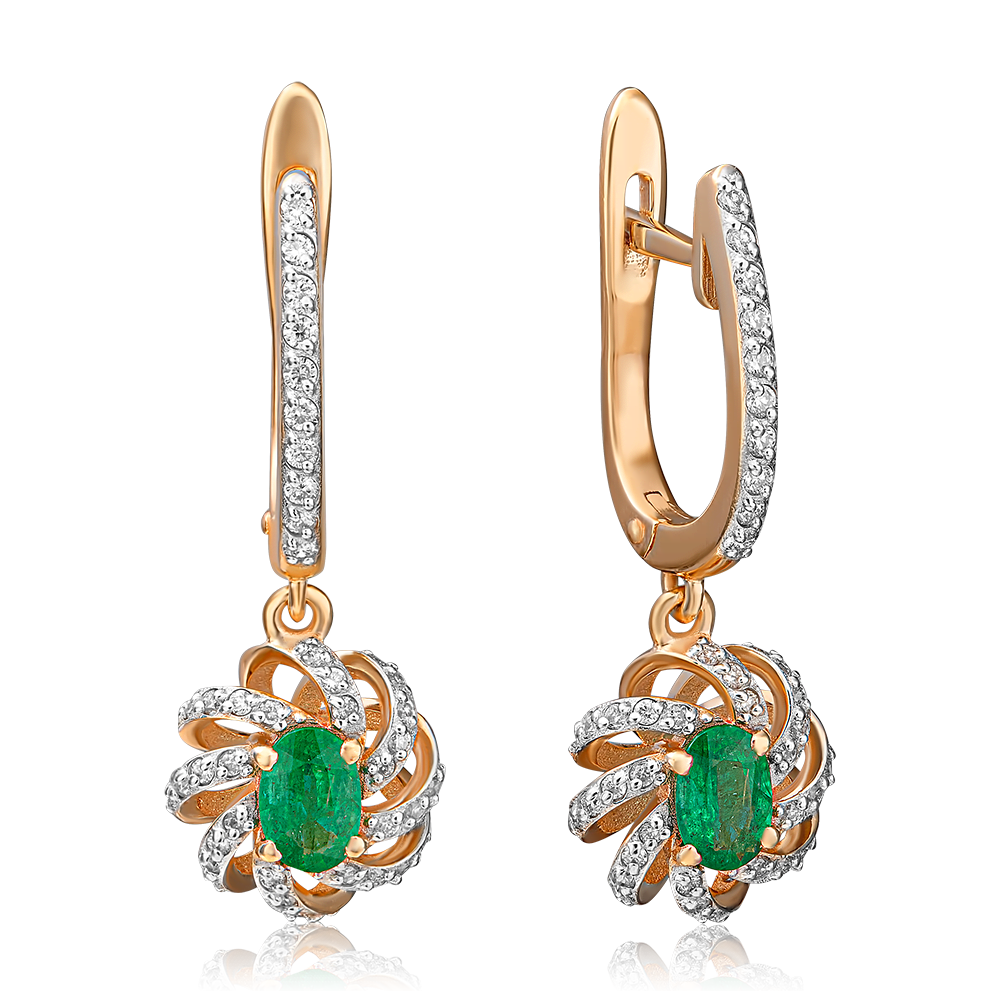 Серьги с английским замком из красного золота с изумрудом и бриллиантами 02-0757-00-106-1110-30
