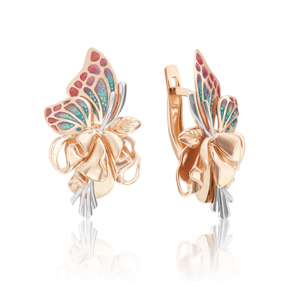 Серьги «Бабочки на цветах» с английским замком из красного золота с эмалью 02-4025-00-000-1110-48
