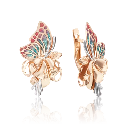 Серьги «Бабочки на цветах» с английским замком из красного золота с эмалью 02-4025-00-000-1110-48