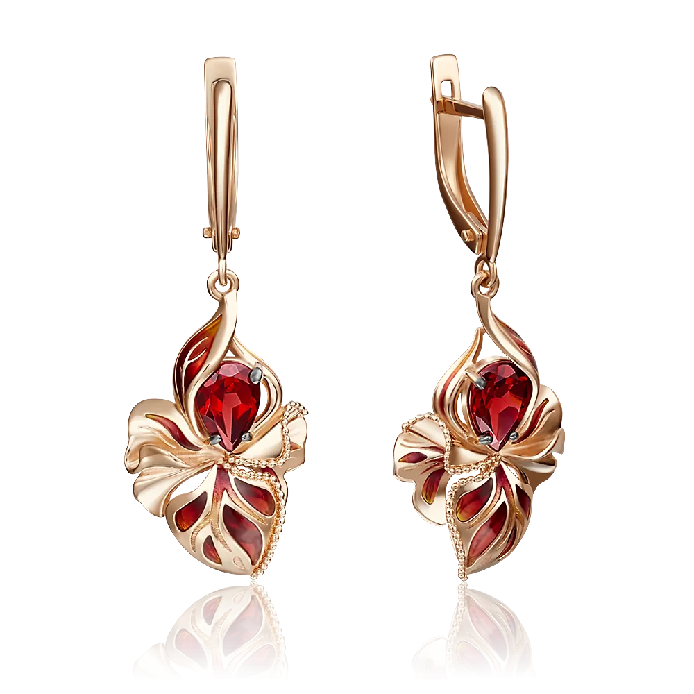 Серьги «Удивительные цветы» с английским замком из красного золота с гранатом и эмалью 02-4167-00-204-1110-57