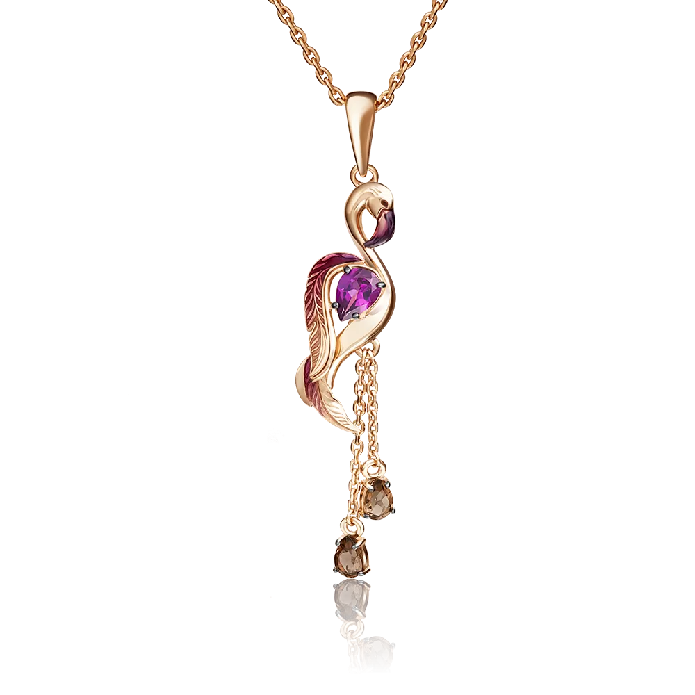 Подвеска «Фламинго» из красного золота с гранатом, кварцем дымчатым и эмалью 03-2913-00-705-1110-57