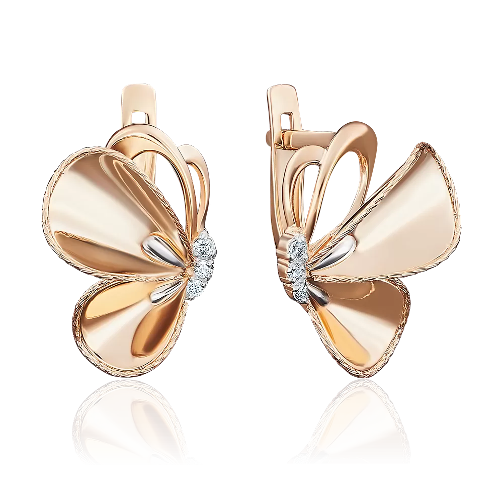 Серьги «Мотыльки» с английским замком из красного золота с фианитами 02-3841-00-401-1110-03